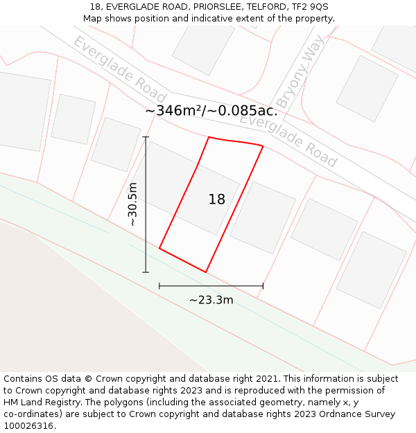 18, EVERGLADE ROAD, PRIORSLEE, TELFORD, TF2 9QS: Plot and title map