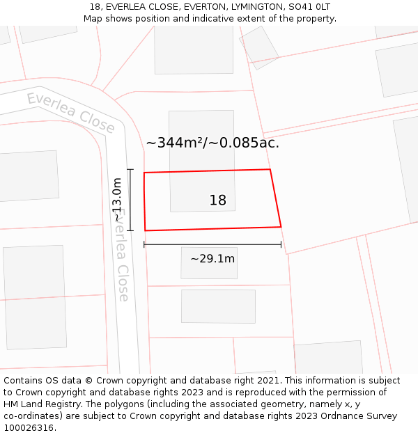 18, EVERLEA CLOSE, EVERTON, LYMINGTON, SO41 0LT: Plot and title map