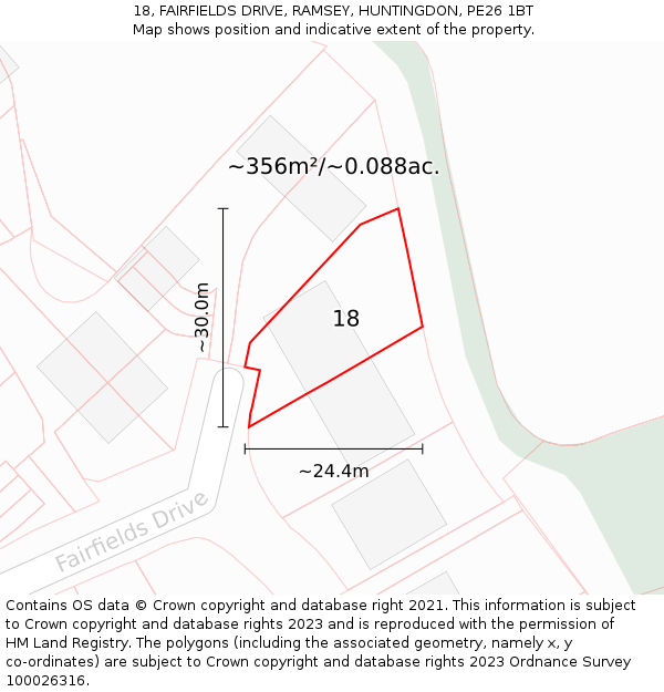 18, FAIRFIELDS DRIVE, RAMSEY, HUNTINGDON, PE26 1BT: Plot and title map