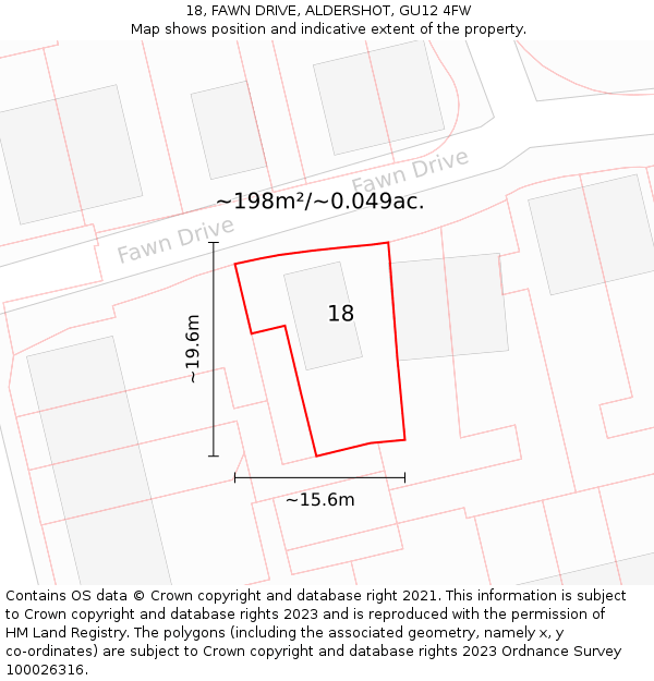 18, FAWN DRIVE, ALDERSHOT, GU12 4FW: Plot and title map