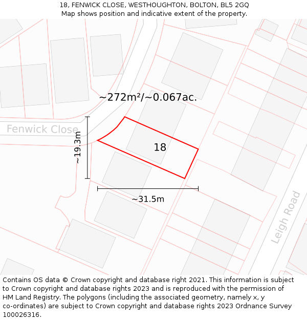 18, FENWICK CLOSE, WESTHOUGHTON, BOLTON, BL5 2GQ: Plot and title map