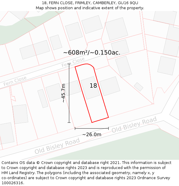 18, FERN CLOSE, FRIMLEY, CAMBERLEY, GU16 9QU: Plot and title map