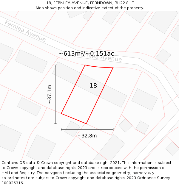 18, FERNLEA AVENUE, FERNDOWN, BH22 8HE: Plot and title map