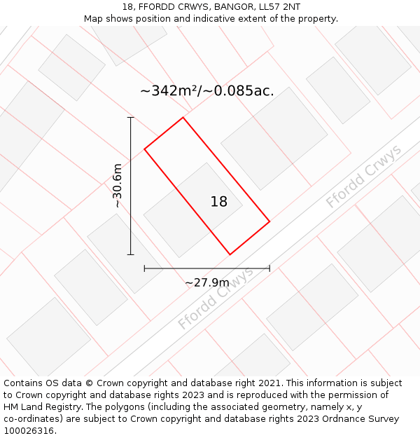 18, FFORDD CRWYS, BANGOR, LL57 2NT: Plot and title map