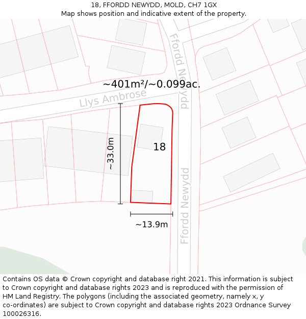 18, FFORDD NEWYDD, MOLD, CH7 1GX: Plot and title map