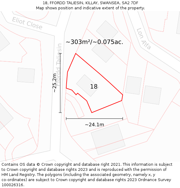 18, FFORDD TALIESIN, KILLAY, SWANSEA, SA2 7DF: Plot and title map