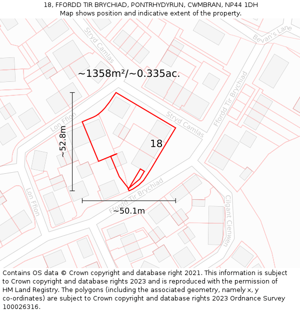 18, FFORDD TIR BRYCHIAD, PONTRHYDYRUN, CWMBRAN, NP44 1DH: Plot and title map