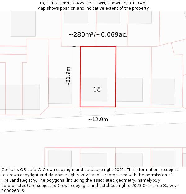 18, FIELD DRIVE, CRAWLEY DOWN, CRAWLEY, RH10 4AE: Plot and title map