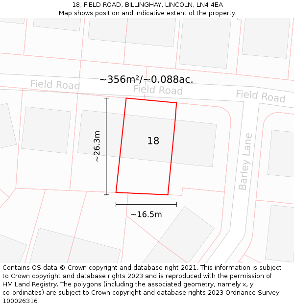 18, FIELD ROAD, BILLINGHAY, LINCOLN, LN4 4EA: Plot and title map