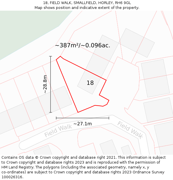 18, FIELD WALK, SMALLFIELD, HORLEY, RH6 9GL: Plot and title map