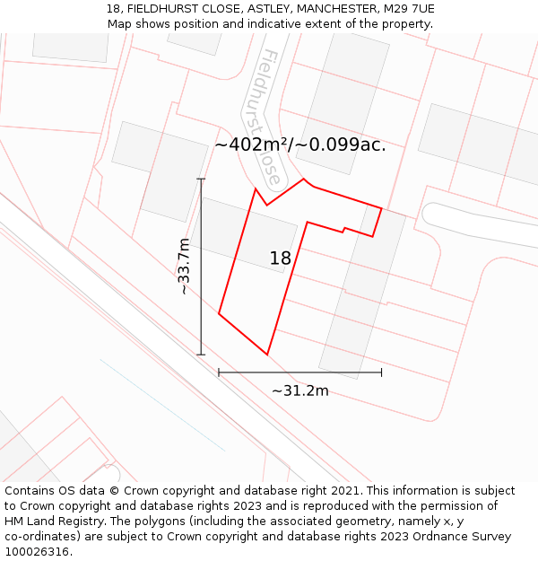 18, FIELDHURST CLOSE, ASTLEY, MANCHESTER, M29 7UE: Plot and title map