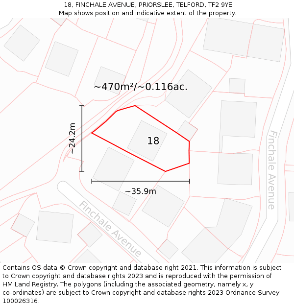 18, FINCHALE AVENUE, PRIORSLEE, TELFORD, TF2 9YE: Plot and title map