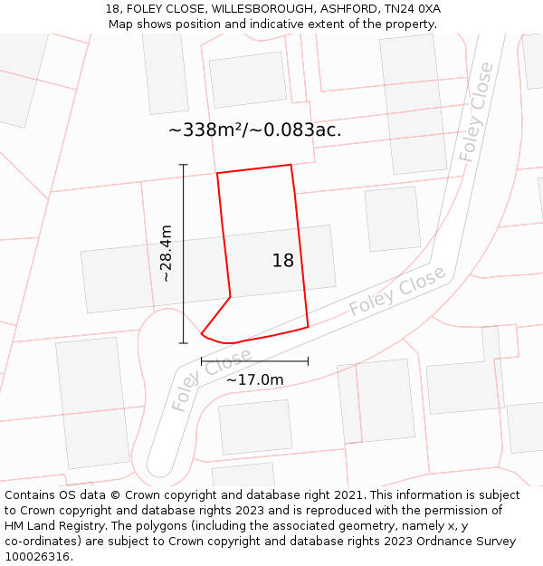 18, FOLEY CLOSE, WILLESBOROUGH, ASHFORD, TN24 0XA: Plot and title map