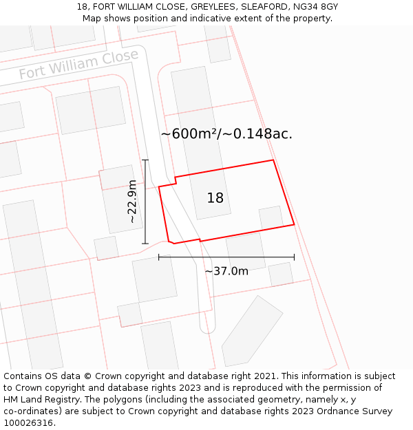 18, FORT WILLIAM CLOSE, GREYLEES, SLEAFORD, NG34 8GY: Plot and title map