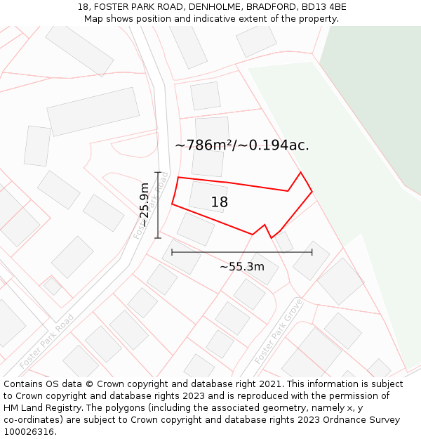 18, FOSTER PARK ROAD, DENHOLME, BRADFORD, BD13 4BE: Plot and title map