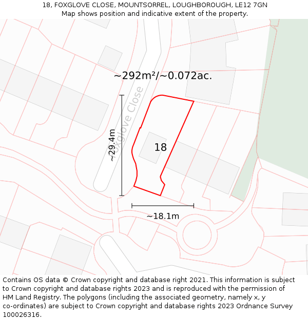 18, FOXGLOVE CLOSE, MOUNTSORREL, LOUGHBOROUGH, LE12 7GN: Plot and title map