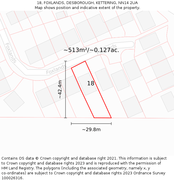 18, FOXLANDS, DESBOROUGH, KETTERING, NN14 2UA: Plot and title map