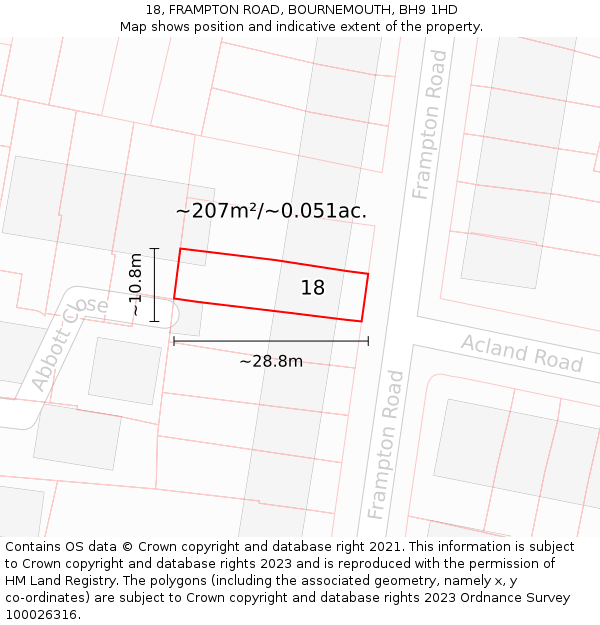 18, FRAMPTON ROAD, BOURNEMOUTH, BH9 1HD: Plot and title map