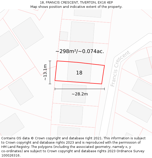 18, FRANCIS CRESCENT, TIVERTON, EX16 4EP: Plot and title map