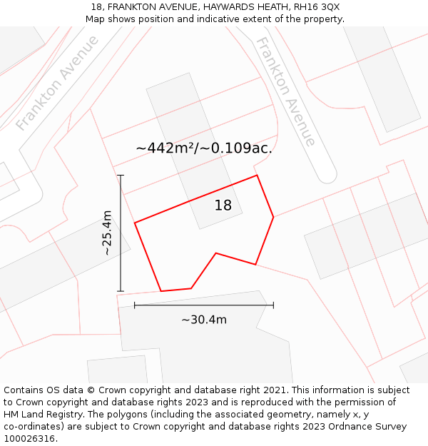 18, FRANKTON AVENUE, HAYWARDS HEATH, RH16 3QX: Plot and title map