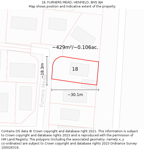 18, FURNERS MEAD, HENFIELD, BN5 9JA: Plot and title map