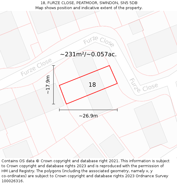 18, FURZE CLOSE, PEATMOOR, SWINDON, SN5 5DB: Plot and title map