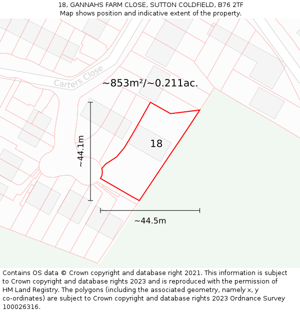 18, GANNAHS FARM CLOSE, SUTTON COLDFIELD, B76 2TF: Plot and title map