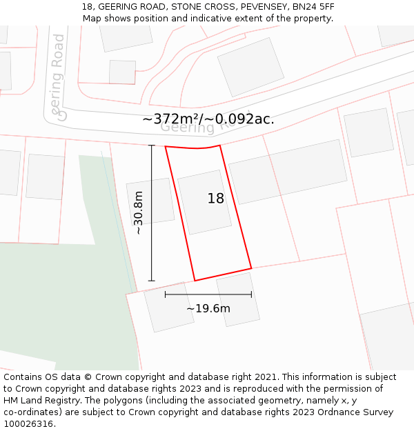 18, GEERING ROAD, STONE CROSS, PEVENSEY, BN24 5FF: Plot and title map