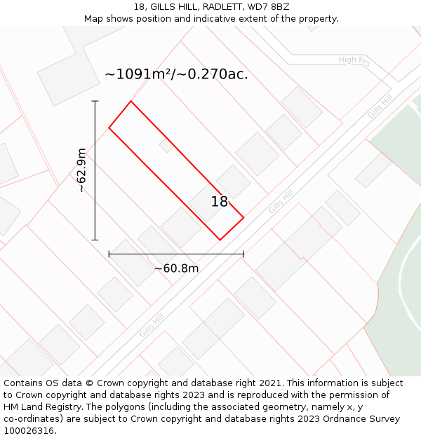 18, GILLS HILL, RADLETT, WD7 8BZ: Plot and title map