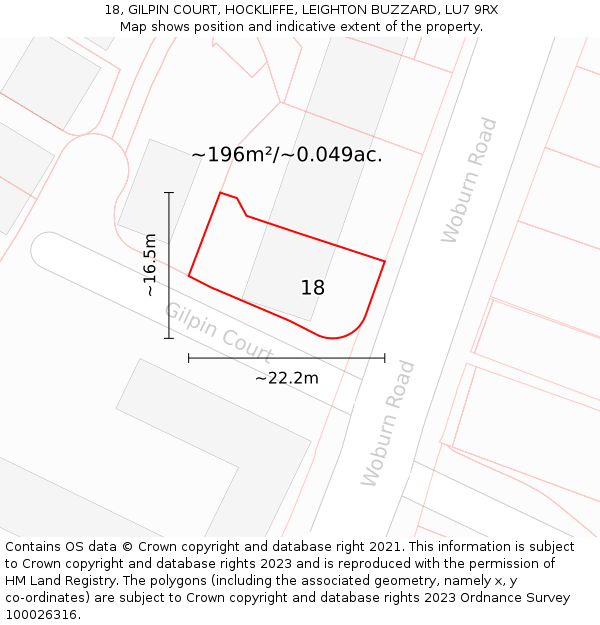18, GILPIN COURT, HOCKLIFFE, LEIGHTON BUZZARD, LU7 9RX: Plot and title map
