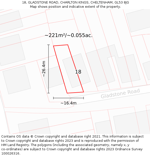 18, GLADSTONE ROAD, CHARLTON KINGS, CHELTENHAM, GL53 8JG: Plot and title map