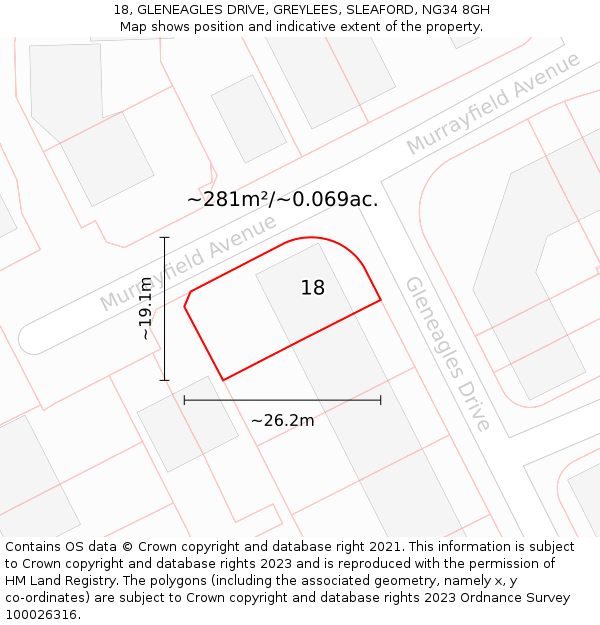 18, GLENEAGLES DRIVE, GREYLEES, SLEAFORD, NG34 8GH: Plot and title map