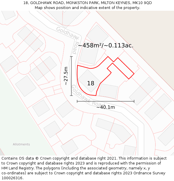 18, GOLDHAWK ROAD, MONKSTON PARK, MILTON KEYNES, MK10 9QD: Plot and title map