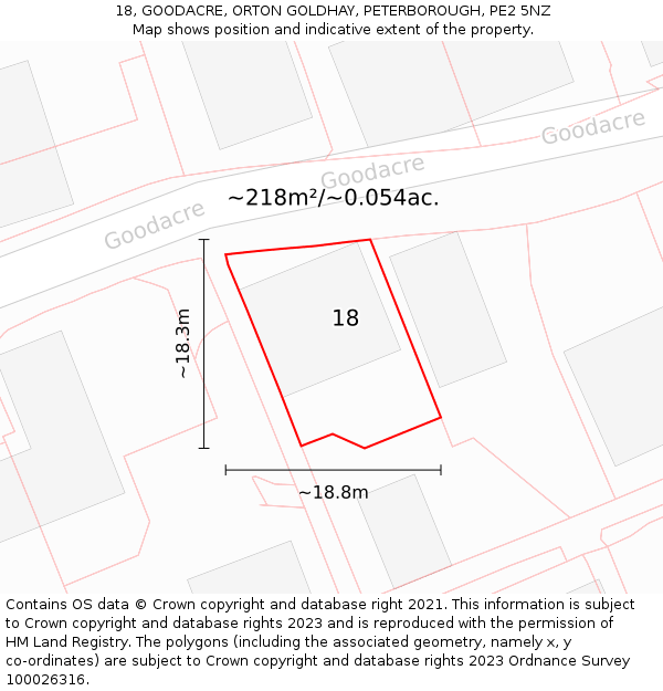 18, GOODACRE, ORTON GOLDHAY, PETERBOROUGH, PE2 5NZ: Plot and title map