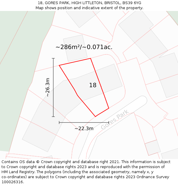 18, GORES PARK, HIGH LITTLETON, BRISTOL, BS39 6YG: Plot and title map