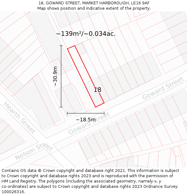 18, GOWARD STREET, MARKET HARBOROUGH, LE16 9AF: Plot and title map