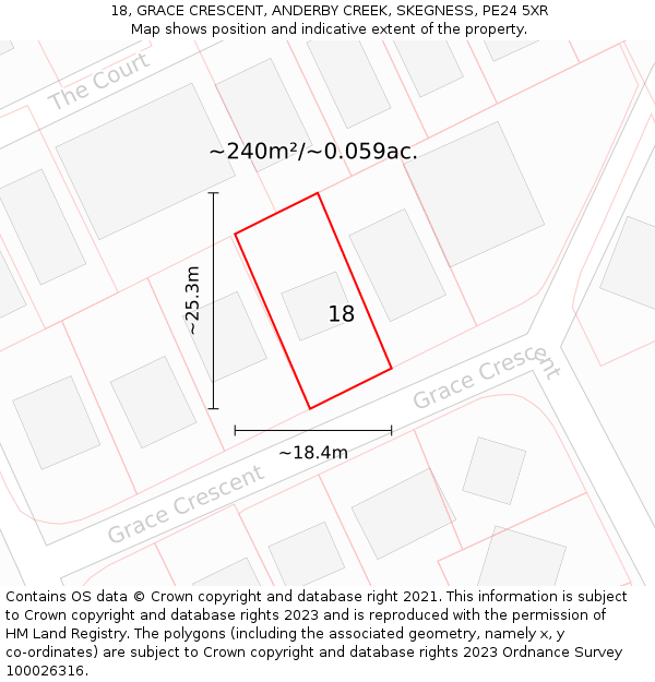 18, GRACE CRESCENT, ANDERBY CREEK, SKEGNESS, PE24 5XR: Plot and title map