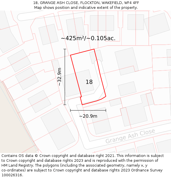 18, GRANGE ASH CLOSE, FLOCKTON, WAKEFIELD, WF4 4FF: Plot and title map