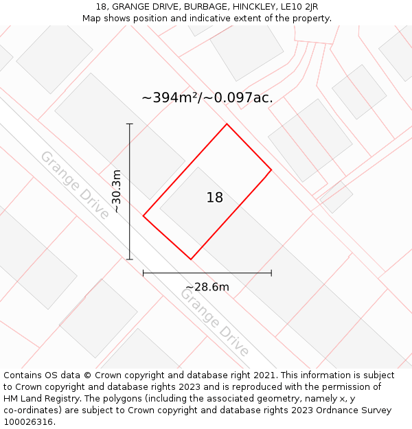 18, GRANGE DRIVE, BURBAGE, HINCKLEY, LE10 2JR: Plot and title map