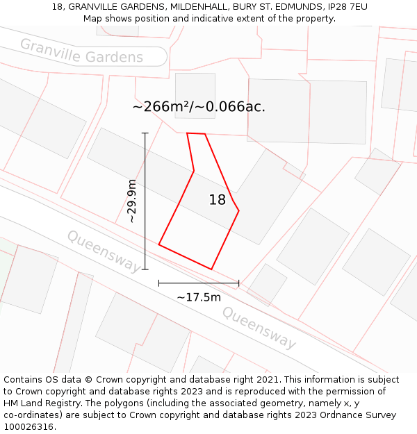 18, GRANVILLE GARDENS, MILDENHALL, BURY ST. EDMUNDS, IP28 7EU: Plot and title map