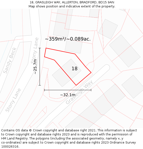 18, GRASLEIGH WAY, ALLERTON, BRADFORD, BD15 9AN: Plot and title map