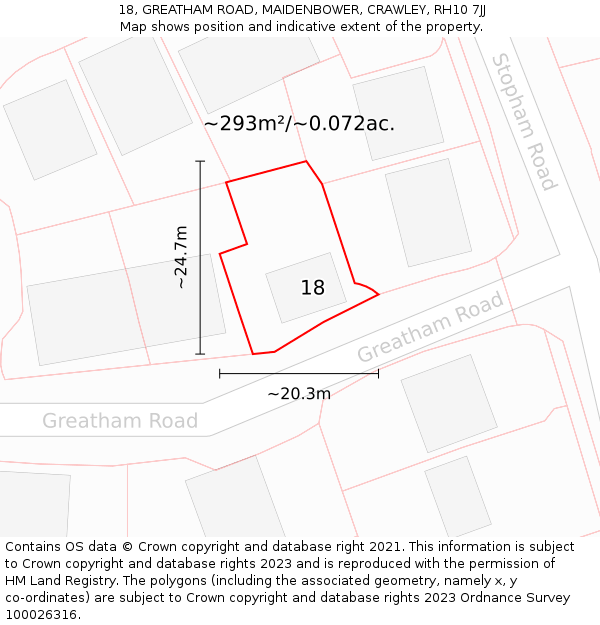 18, GREATHAM ROAD, MAIDENBOWER, CRAWLEY, RH10 7JJ: Plot and title map