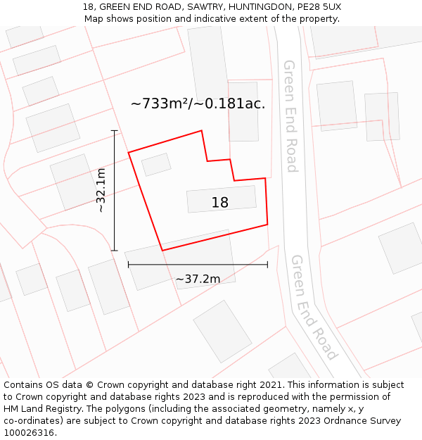 18, GREEN END ROAD, SAWTRY, HUNTINGDON, PE28 5UX: Plot and title map