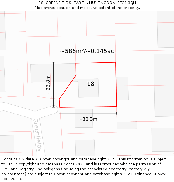 18, GREENFIELDS, EARITH, HUNTINGDON, PE28 3QH: Plot and title map