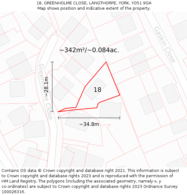 18, GREENHOLME CLOSE, LANGTHORPE, YORK, YO51 9GA: Plot and title map