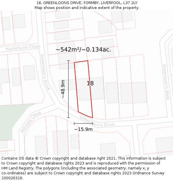 18, GREENLOONS DRIVE, FORMBY, LIVERPOOL, L37 2LY: Plot and title map