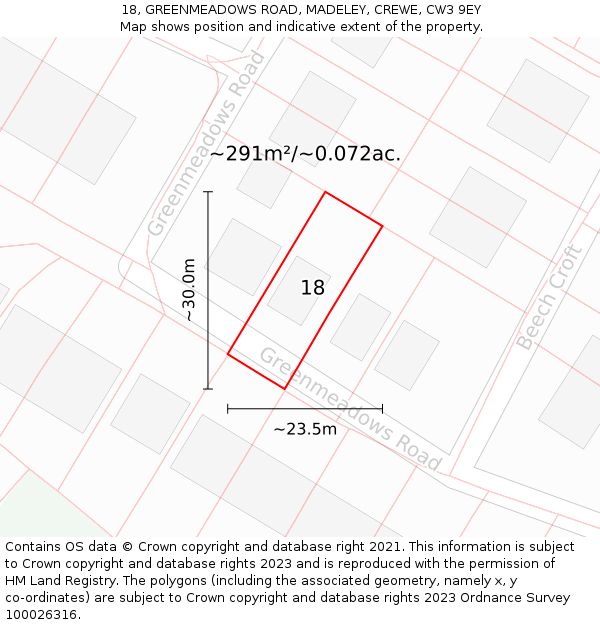 18, GREENMEADOWS ROAD, MADELEY, CREWE, CW3 9EY: Plot and title map