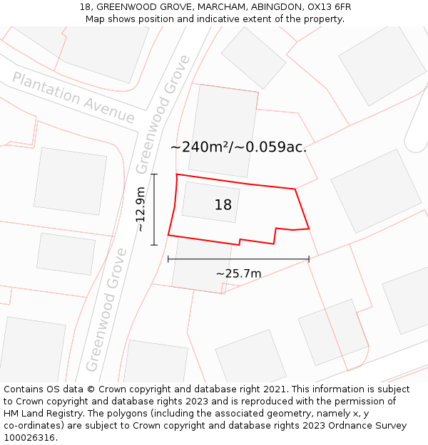 18, GREENWOOD GROVE, MARCHAM, ABINGDON, OX13 6FR: Plot and title map