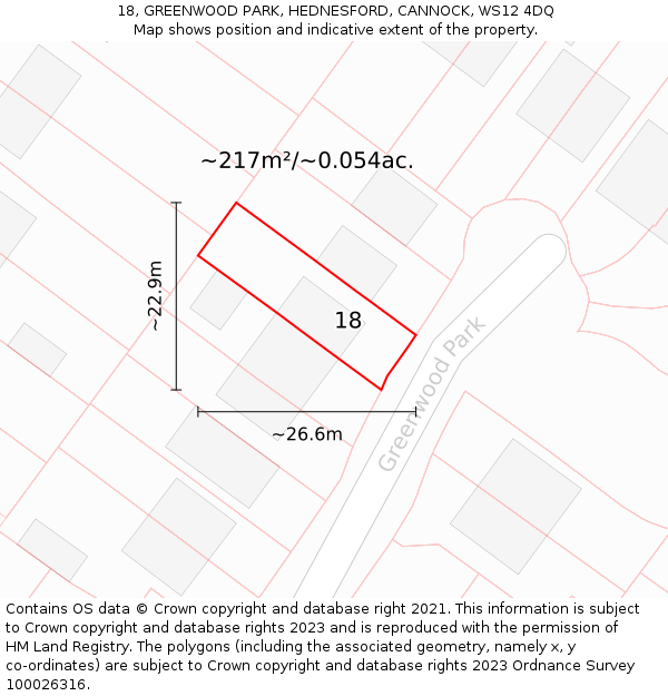 18, GREENWOOD PARK, HEDNESFORD, CANNOCK, WS12 4DQ: Plot and title map