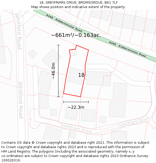 18, GREYFRIARS DRIVE, BROMSGROVE, B61 7LF: Plot and title map